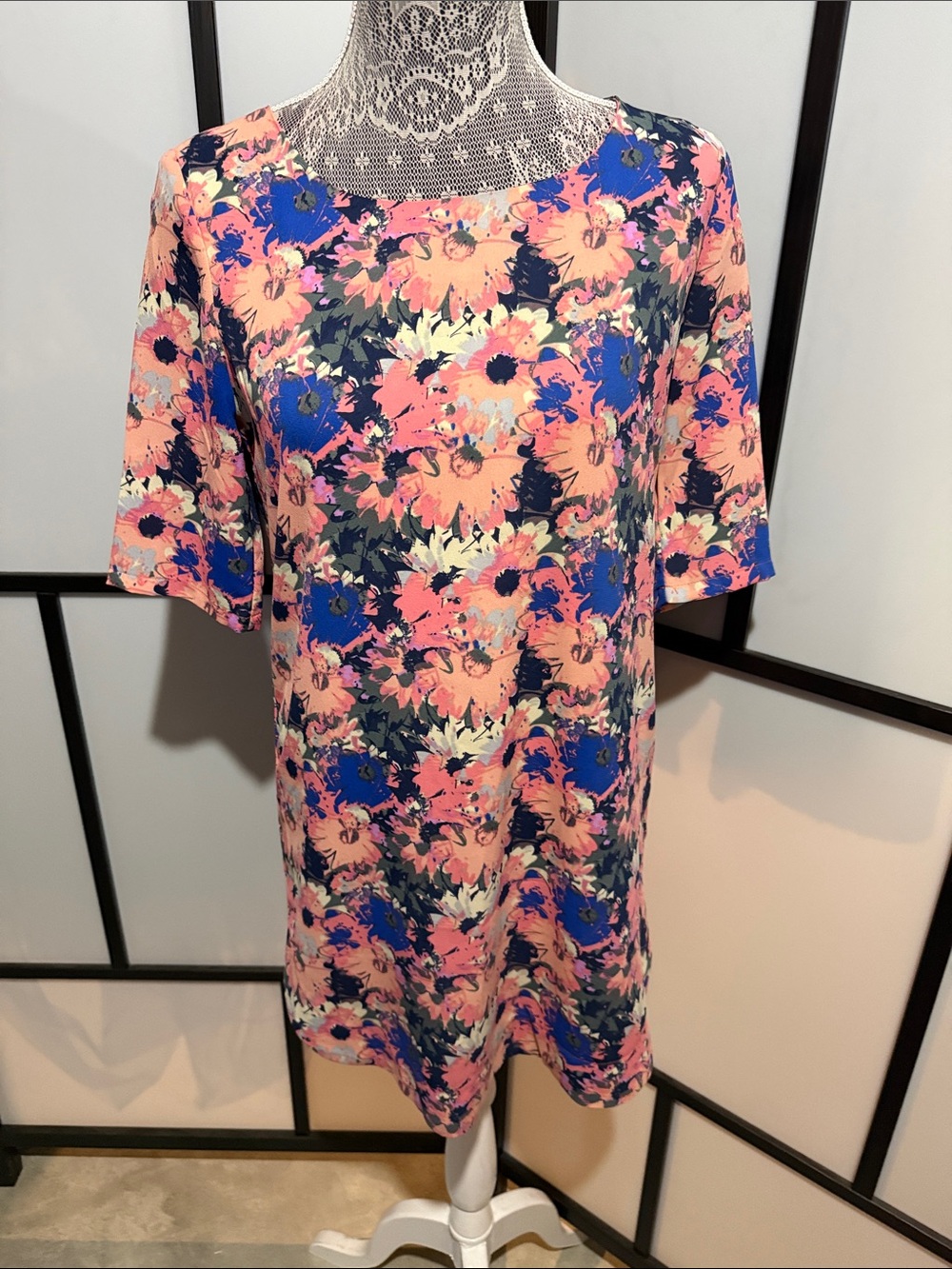 Floral Pink & Blue Mini Dress - Casual Shift Dress